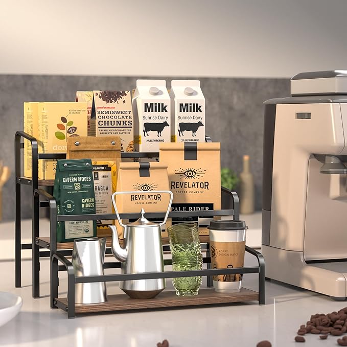 Coffee Syrup Organizer 3-Tier: Vintage Coffee Syrup Rack 12 Bottles Capacity, Free-Installation Coffee Station, Wine Rack for Countertop, Tiered Spice Racks for Cabinet, Bottle Display Shelf