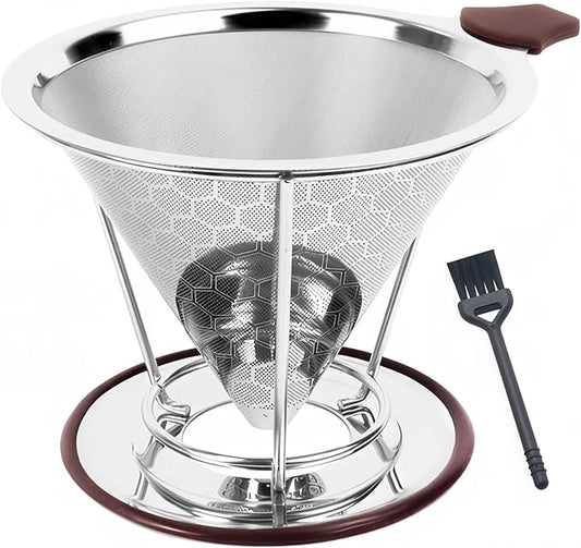 Pour Over Coffee Dripper - 304 Stainless Steel Filter, Paperless & Reusable Dual-Layer Metal with Base, 800 Mesh Steel Cone Filter, for 1-6 Cups Brew Coffee Maker