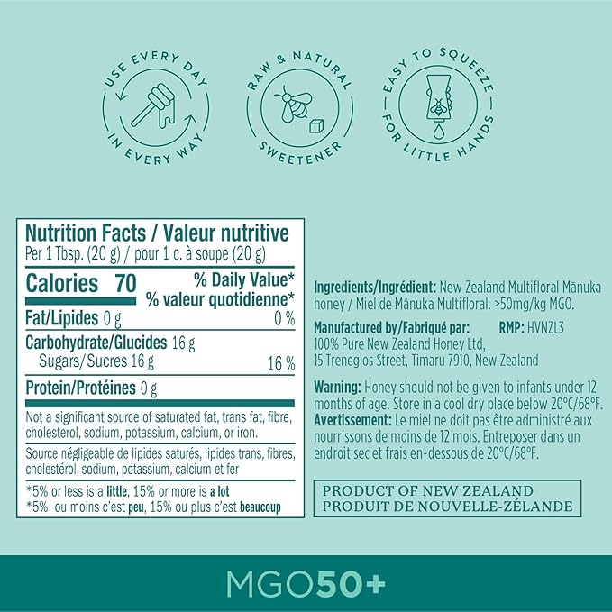 Manuka Honey New Zealand - MGO 50+ Multifloral 100% Pure New Zealand Mānuka Squeezy Honey, Raw Mānuka Honey, 12 Ounce