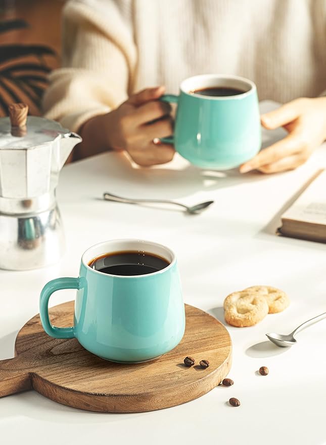 Teocera Ceramic Coffee Mug Set of 4-12 oz Coffee Mugs with Large Handles for Hot or Cold Drinks Like Latte, Cocoa, Tea or Juice - Smooth Ceramic, Dishwasher Safe, Turquoise