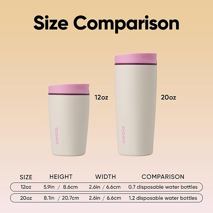 Owala SmoothSip Slider Insulated Stainless Steel Coffee Tumbler, Reusable Iced Coffee Cup, Hot Coffee Travel Mug, BPA Free 12 oz, Pink/Tan (Daybreak)