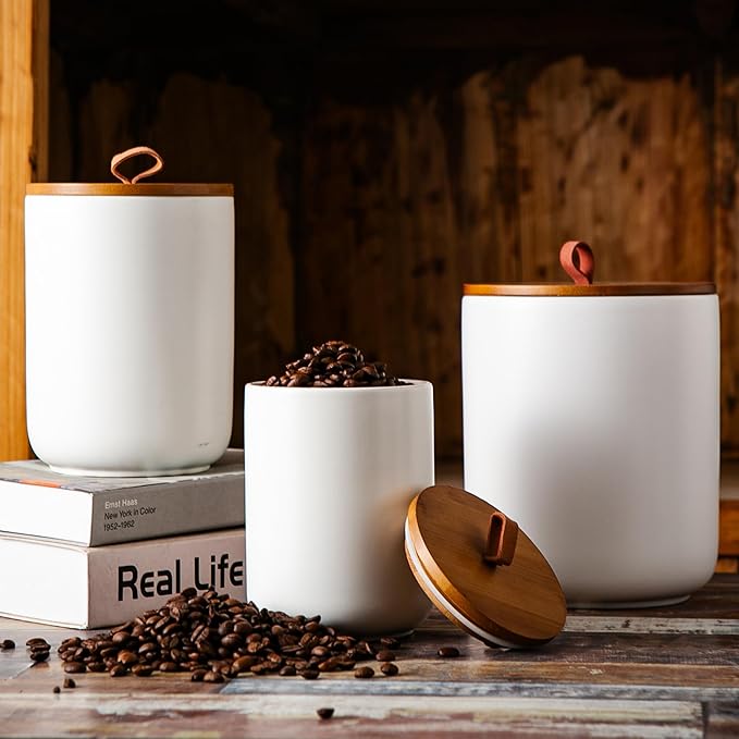JOJUNO White Ceramic Food Storage Canister Set (30 oz, 48 oz, 82 oz) with Bamboo Lids, 3-Piece Airtight Jars for Flour, Sugar, Coffee, Tea, Oats, Spice – Kitchen Storage Containers with Lids