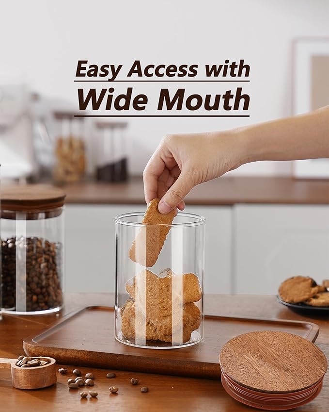 27oz Coffee Canister with Scoop and Wooden Lids, Airtight Coffee Grounds Container Set of 2 for Coffee Bar Organizer, Glass Jar for Coffee Beans Storage