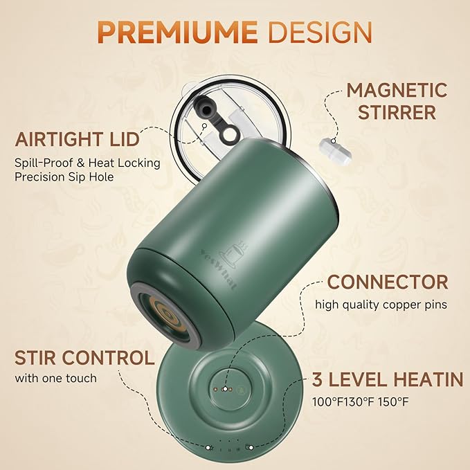Smart Heated Coffee Mug with Temperature Control, Magnetic Auto Stirring & 3 Heat Levels, Type-C USB Rechargeable Stainless Steel Mug, 8-Hour Shut-Off, Perfect for Desk, Home, Office,Tea – Green 11oz