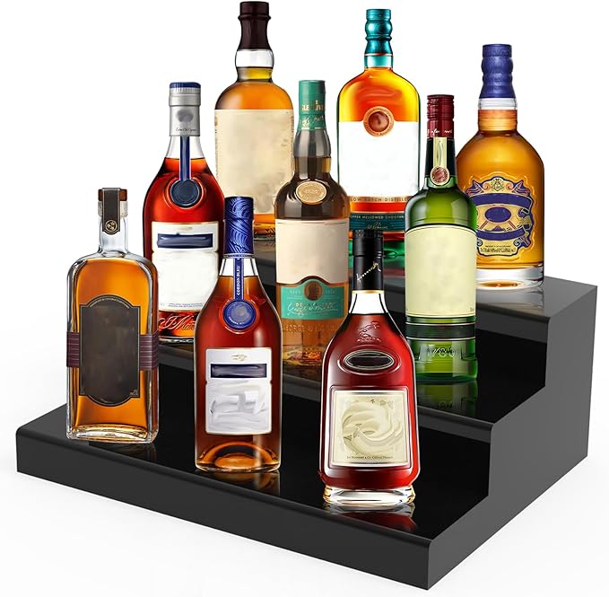 Liquor Bottle Display Shelf, Black Acrylic Riser Display Stand, Bar Shelves for Liquor Bottles, 3 Tier Shelf Organizer for Alcohol Figures Coffee Syrup Display, 16" L x 12.5" W x 6.5" H, Black