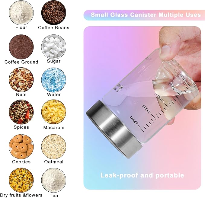 Glass Spice Jar Coffee Sugar Container Airtight Glass Jar Food Storage Canisters Bottle for Kitchen Seasoning Tea Herb Overnight Oats Bar Parfait Snacks (6 * 200ml(6.76oz))