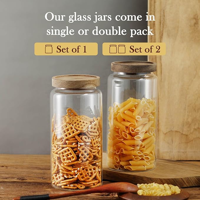 Labina Glass Storage Container Airtight Food Jars Kitchen Canister with Wood Lids, 40 Oz Wide Mouth Pantry Organization Glass Jar for Flour, Sugar, Cookie, Spagetti, Nuts and Candy (2 Pack)