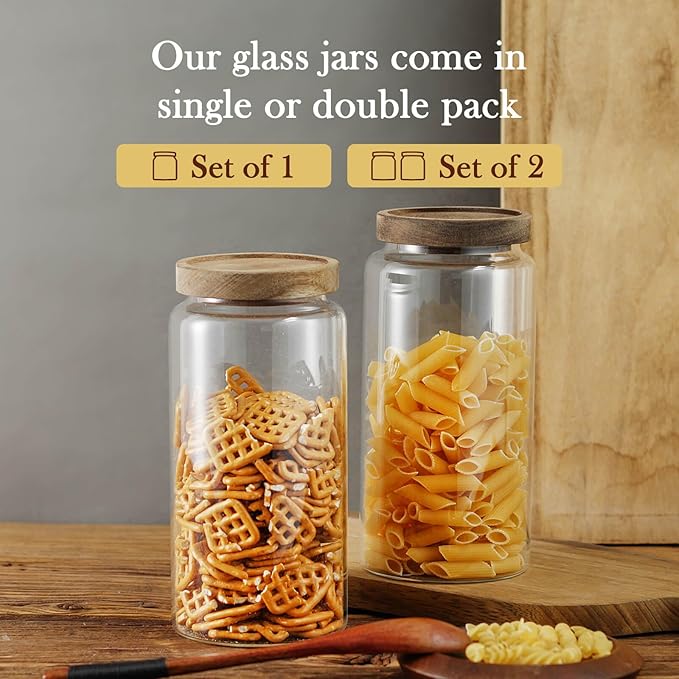 Labina Glass Storage Container Airtight Food Jars Kitchen Canister with Wood Lids, 40 Oz Wide Mouth Pantry Organization Glass Jar for Flour, Sugar, Cookie, Spagetti, Nuts and Candy