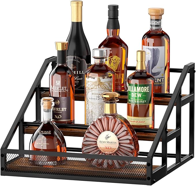B4Life 3-Tier Liquor Bottle Display Shelf for Whiskey and Spirits - Retro Bar Shelves