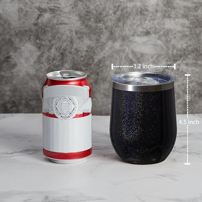 MEWAY 12oz/4 Pack Wine Tumbler Glasses with Lid - Stemless Double Wall Vacuum Stainless Steel Glitter Tumbler - Keeping Cold & Hot Cup for Coffee,Gift for Women(Rainbow Black,Set of 4)