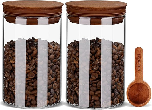 27oz Coffee Canister with Scoop and Wooden Lids, Airtight Coffee Grounds Container Set of 2 for Coffee Bar Organizer, Glass Jar for Coffee Beans Storage