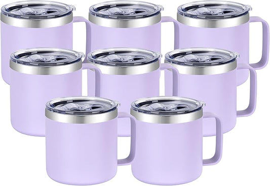 VEGOND 14 oz Insulated Coffee Mug Bulk with Handle, Stainless Steel Travel Coffee Mug with Lid, Double Wall Vacuum Metal Coffee Cup, Coffee Tumbler Powder Coated, Purple 8 Pack