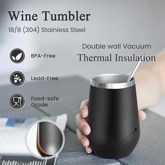 MEWAY 12oz Insulated Wine Tumbler with Press-In Lid, Double Wall Vacuum Stainless Steel Travel Tumbler with Straw,Travel Cup for Coffee and Drinks, Gift for Woman Under 10 dollars(Black,Set of 8)