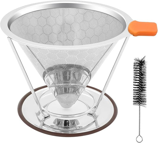 Pour Over Coffee Dripper, Paperless Pour Over Coffee Filter, Reusable Pour Over Coffee Maker Set, Dual-Layer Stainless Steel Cone Filter, Detachable Dripper Stand, Single Cup Brewer 1-2 Cup