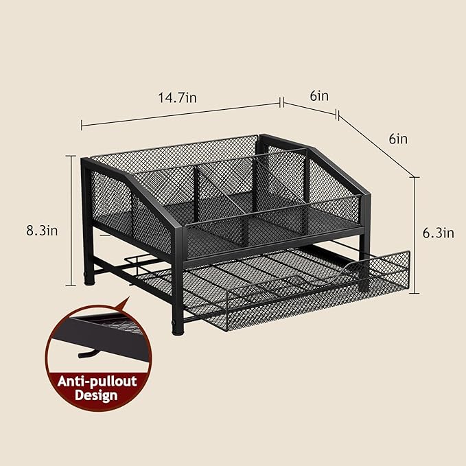 Coffee Bar Organizer - Coffee Station for Countertop, Metal and Wood K Cup holder Storage Basket with Drawer for Syrup, Cups, Stirrer, Condiment, Tea Organizer, Black