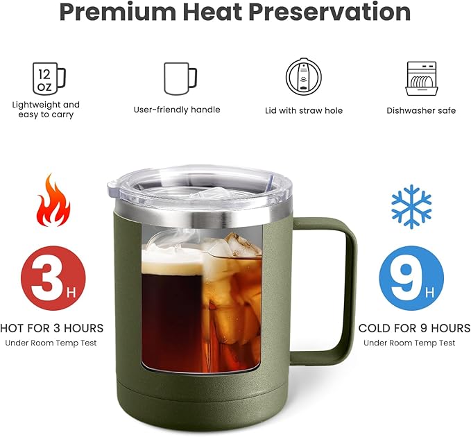 MEWAY 12oz Coffee Mug With Handle 4 Pack Bulk,Stainless Steel Insulated Travel Tumblers With Sliding Lid,Double Wall Vacuum Camping Cup for Hot & Cold Drinks Tea (Multicolor,Set of 4)