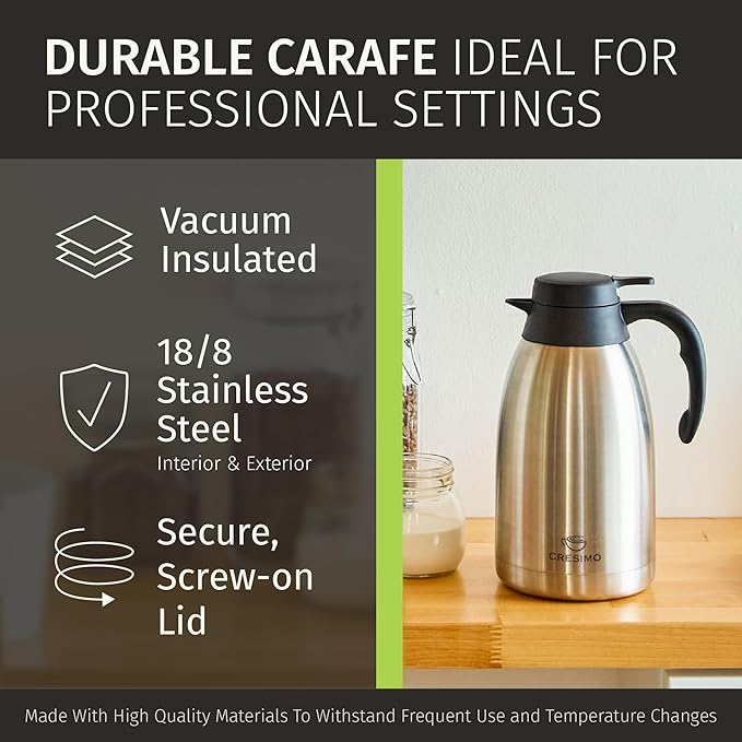 Cresimo Thermal Coffee Carafe 68oz / 2L - 12 Hours Hot Beverage Dispenser, Insulated Stainless Steel Carafe for Liquids, Coffee Carafes For Keeping Hot Water Dispenser for Parties - Large Tea Flask