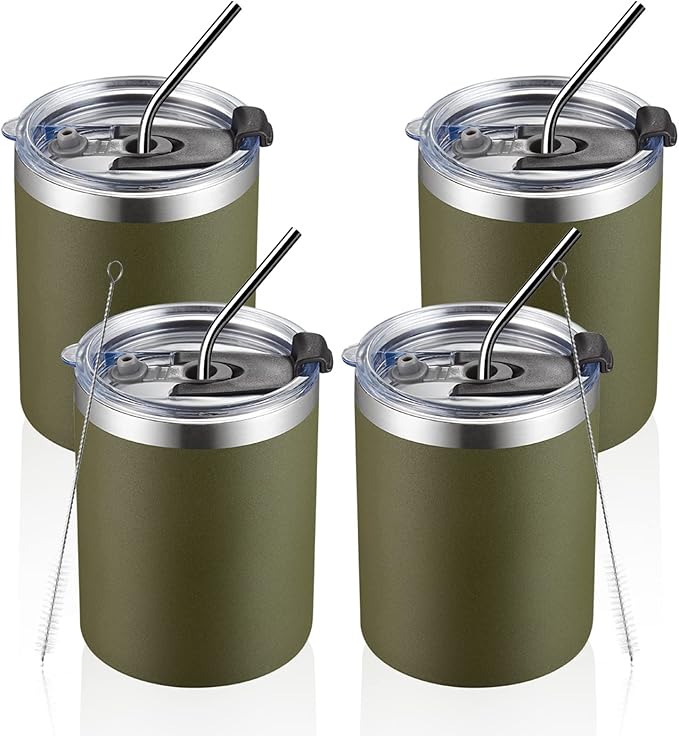 MEWAY 12 oz Lowball, Tumbler Stainless Steel Double Wall Vacuum Insulated Mug with Straw and Lid, Cleaning Brush ，Durable Powder Coated Insulated Coffee Cup for Cold & Hot Drinks (Army Green,4 pack)