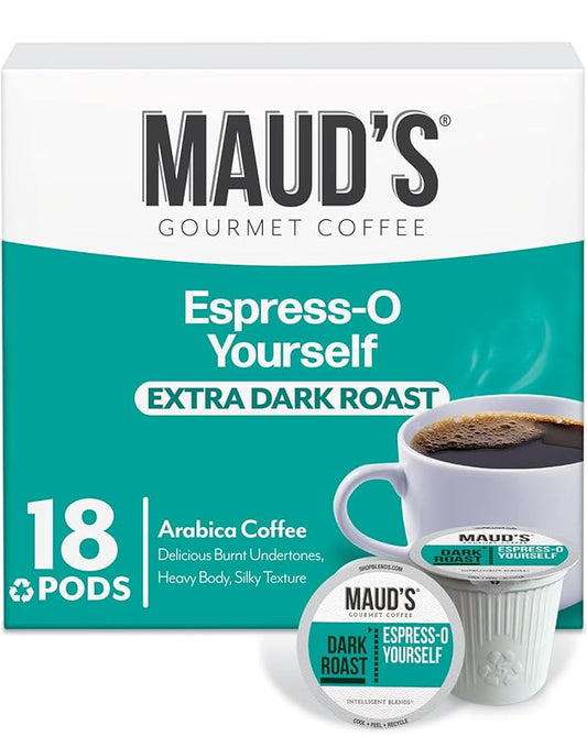 Maud's Espresso Roast Coffee Pods, 18 ct, Dark Roast Coffee in Recyclable Single Serve Pods – 100% Arabica Coffee, Compatible with Keurig K Cups Maker
