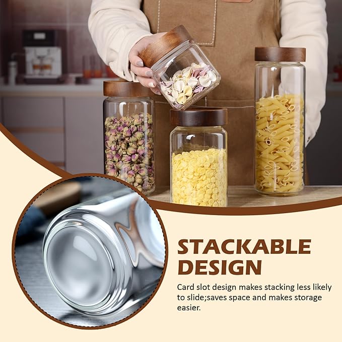 24 oz/710 ml Glass Jar with Airtight Wooden Screw Top Lid, Clear Stackable Food Storage Canister, Medium Cute Decorative Glass Container for Coffee, Candy, Cookie, Sugar, Oatmeal, Salt, Spice