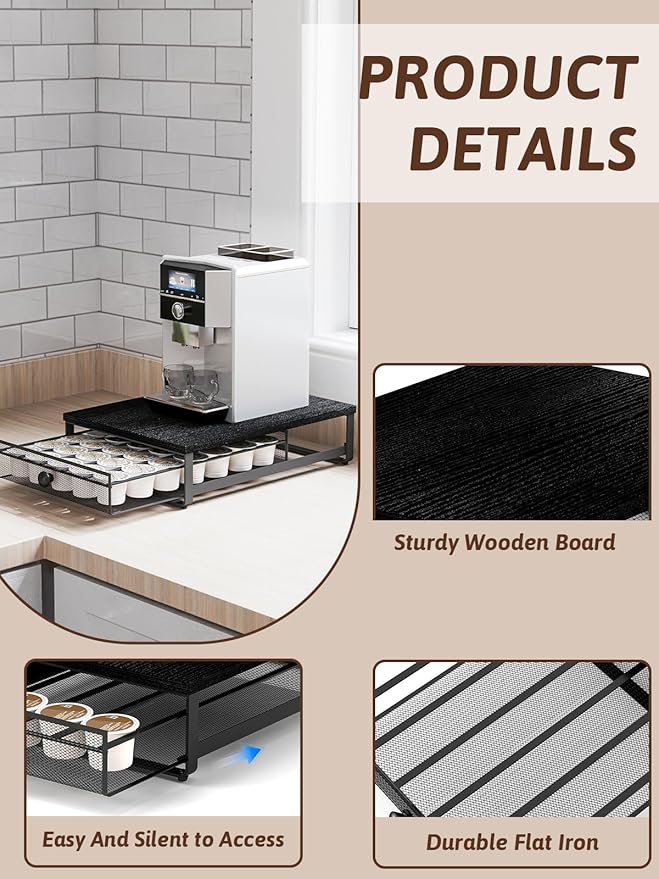 Coffee Pod Holder Counter Coffee Vertuo Capsules Storage Organizer with Sliding Drawer Compatible For 35 K-Cup Pods No Assembly Needed Black