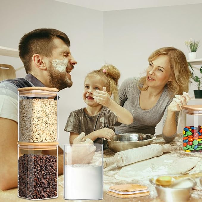 1.2 Qt Square Glass Storage Containers with Lids, glass jar with airtight lid, Glass Canister for Pantry Cookie Flour Cereal Rice Sugar Tea Coffee Beans Spice, Square Set of 4