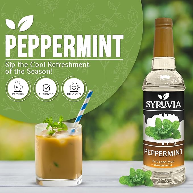 Syruvia Peppermint Syrup for Coffee, Flavored Syrup for Drinks, Lattes, and Desserts – 25.4 fl oz, With Pump