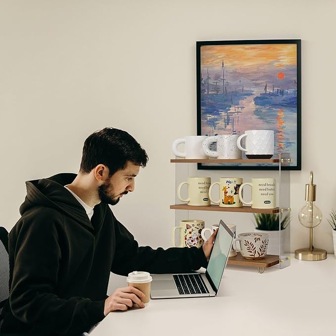 Coffee Mug Holder Wooden Cup Station Organizer 3 Tier Cup Holder for Coffee Bar Mug Display Rack for Countertop Mug Holder Shelf for Home Kitchen Walnut Wood