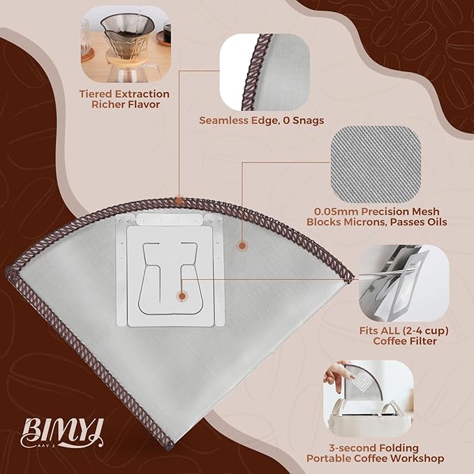 Stainless Steel Pour Over Coffee Filter Reusable - Foldable Metal Coffee Filter with Hanging Ears, Compatible with Chemex & Glass Coffee Drippers (4-6 Cups, Silver)