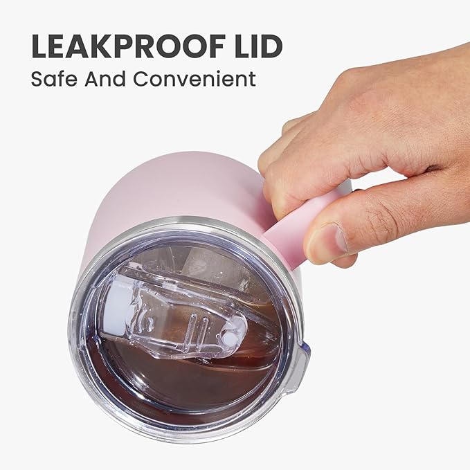 MEWAY 12oz Coffee Mug With Handle and Sliding Lid,Stainless Steel Travel Tumbler Cup with Handle,Double Wall Vacuum Insulated Camping Cup for Hot & Cold Drinks Tea (Pink,Set of 1)