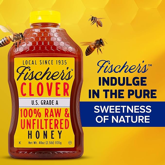 Fischer's 100% Pure Clover Honey, 40 oz – Unfiltered Raw Honey in a Squeeze Bottle – All-Natural Sweetener – Rich Flavor Profile, Packed with Nutrients