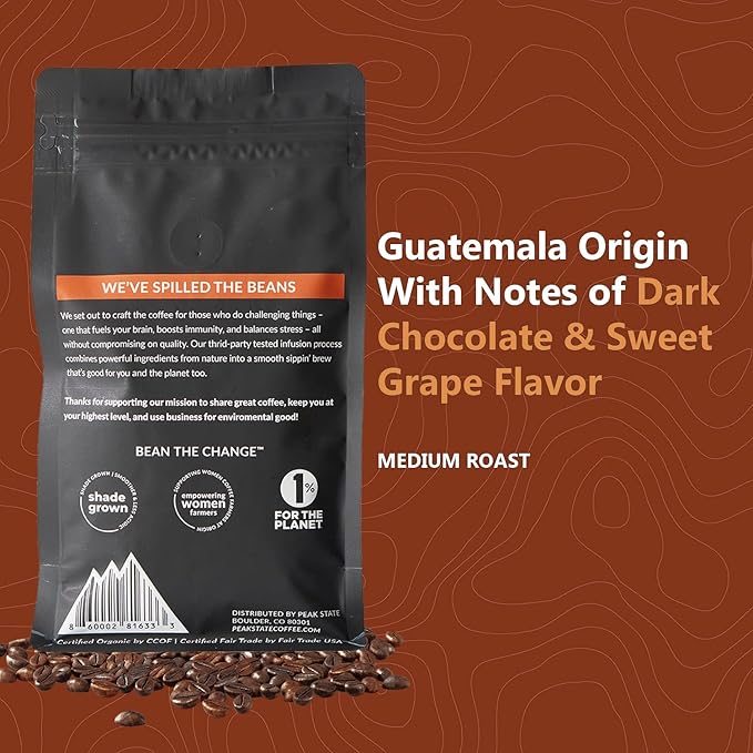 Peak State Coffee with Benefits, 3 Bag Variety Pack, Mushroom Coffee, Low Acid & Smooth, Immunity Boost, Brain Sustain & Stress Less, Organic Whole Bean Coffee, Gluten Free, 12 oz. Each