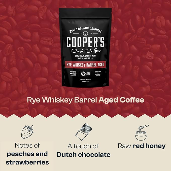 Rye Whiskey Barrel Aged Coffee, Single-Origin Ethiopian Beans Aged in Rye Whiskey Barrels, Medium Light Roast Whole Bean, 12 oz