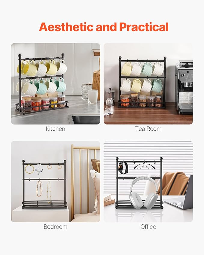 VEVOR Coffee Mug Holder for Countertop, 16 Hooks coffee mug holder stand, 2 Tier Mugs Tree Rack Carbon Steel Mug Display Stand, for Home Coffee Bar Storage and Display (Matte Black)