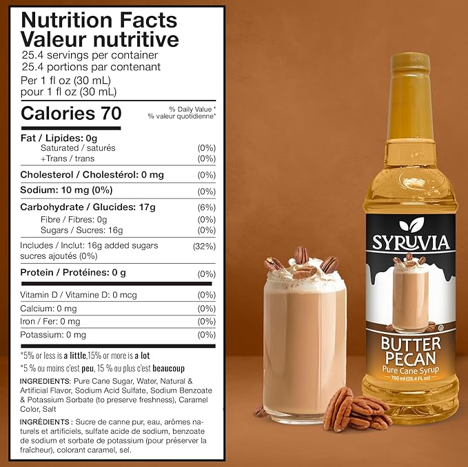 Syruvia Coffee Syrup, Butter Pecan Flavored Syrup for Drinks, Lattes, and Desserts – 25.4 fl oz