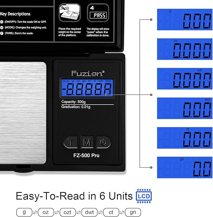 Fuzion Gram Scale, Digital Pocket Scale .01 Gram Accuracy, 500g Mini Jewelry Scale, Small Scale for Food, Herb, Spice, Coin - Weight Gram and Oz - 100g Calibration Weight