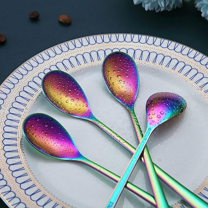 Rainbow Long Handle Spoons, Coffee Stirrers, Premium Stainless Steel Coffee & Ice Cream Spoons, Set of 6 (Colorful)