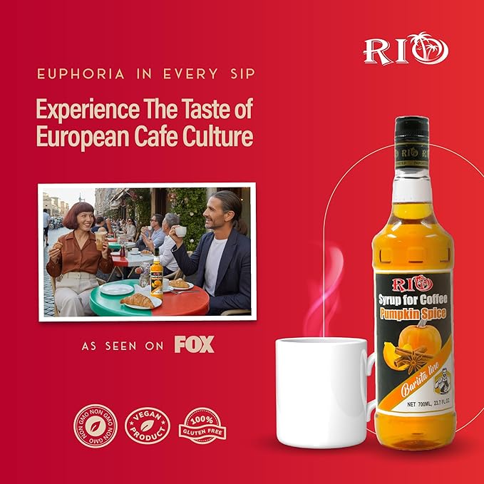 RIO Pumpkin Spice Flavored Coffee Syrup for Hot or Iced Drinks and Desserts Warm and Spicy Coffee Syrup Flavoring Sweetened with Pure Cane Sugar, Barista-Grade  Flavor Syrups For Drinks at Home & Work - 700ml