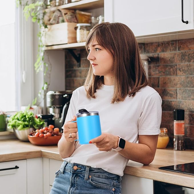 Volhoply 12oz Insulated Leakproof Coffee Mug with Flip & Straw Lid,Double Wall Vacuum Stainless Steel Travel Cafe Tumbler Cup with Handle,Reusable Camping Mugs Keep Cold/Hot(Blue,1 Set)