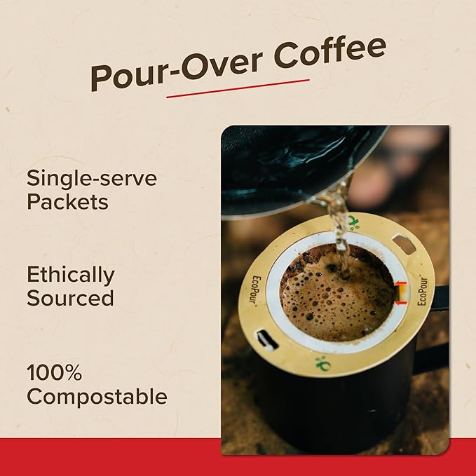 Coulée EcoPour She Devil Coffee, All Paper Single Serve Arabic Coffee, Medium Roast, Use for Camping or Traveling, Pre Filled Compostable Filters, Ready to Brew with Hot Water, Plastic Free, 20 Pack