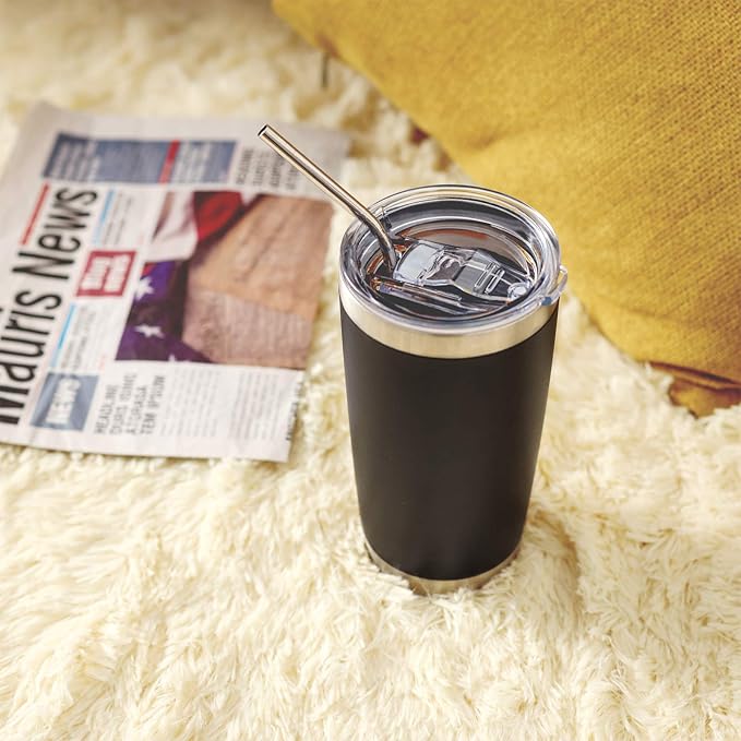COMOOO 20oz Black Tumbler Double Wall Vacuum Insulated Coffee Travel Mug Stainless Steel Tumbler with Lid and Straw Coffee Cup for Cold Drinks & Hot Beverage, Home and Outdoor (Black, 6 Pack)
