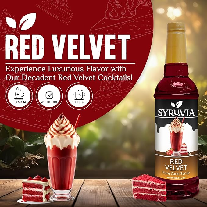 Syruvia Red Velvet Coffee Syrup - 25.4 fl oz Premium Coffee Flavoring Syrup - Kosher Coffee Syrups, Gluten Free, No Coloring, Perfect for Drinks, Soda, Shakes, Desserts, and More With Pump