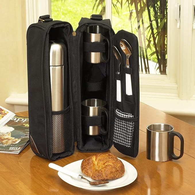 Picnic at Ascot Travel Coffee Tote for 2 - Including Stainless Vacuum Flask, Cups and Teaspoons - Designed & Assembled in the USA