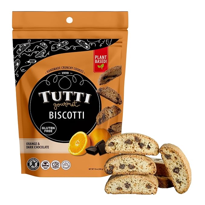 Tutti Gourmet Gluten Free Orange & Chocolate Biscotti, 9.9 oz (283g) Resealable Cookie Bag - Vegan and Halal Snacks