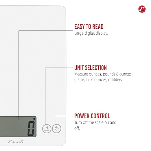 Escali Arti Digital Food Scale, Multi-Functional Kitchen Appliance, Precise Weight Measuring and Portion Control, Baking and Cooking Made Simple, Tempered Glass, Frost White