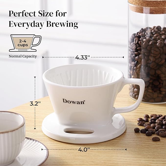 DOWAN Pour Over Coffee Maker, Non-Electric Pour Over Coffee Dripper with Open Base Design, Manual Brew Maker, Single Cups Porcelain Slow Brewing Accessories for Gifts, White