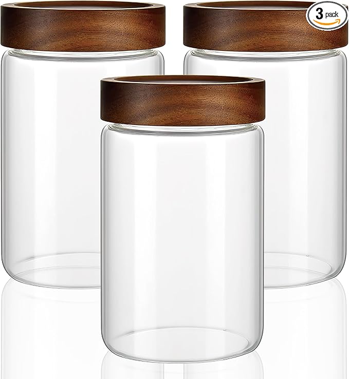 3 Pack 28 oz/850 ml Clear Glass Storage Canister with Airtight Wooden Screw On Lid, Medium Decorative Glass Container Jar Set for Coffee, Candy, Cookie, Condiment, Pepper, Sugar, Oatmeal
