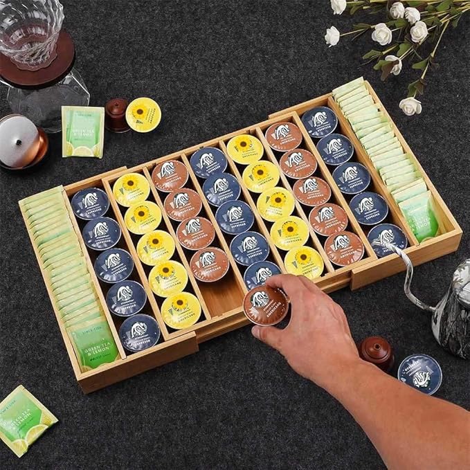 K Cup Holder Bamboo Coffee Pod Holder Drawer Organizer, Expandable K Cup Pod Storage Tea Bag Storage for Coffee Station Home Office and Kitchen