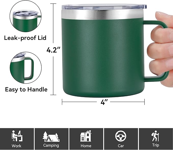 VEGOND 14 oz Insulated Coffee Mug with Handle, Stainless Steel Travel Coffee Mug with Lid, Double Wall Vacuum Metal Coffee Cup, Coffee Tumbler Powder Coated, Dark Green 1 Pack