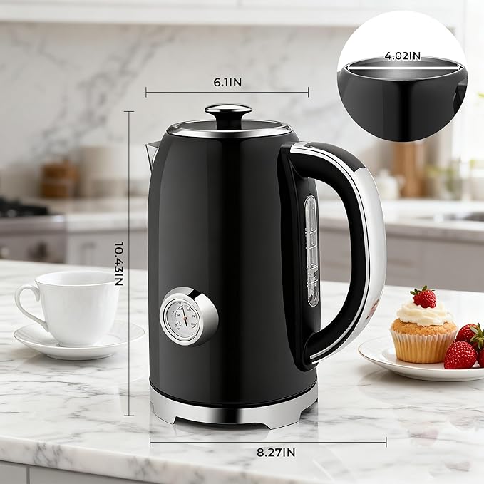 SUSTEAS Electric Kettle Temperature Control - 57oz Hot Water Boiler with Thermometer, 1500W Fast Heating Stainless Steel Tea Kettles, Cordless LED Indicator, Auto Shut-Off & Boil Dry Protection,Black